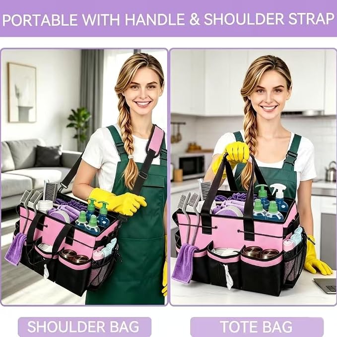 Wearable Cleaning Caddy Organizer with Handle & Adjustable Shoulder Strap 4 Foldable Compartments, Cleaning Supplies Caddy for Housekeepers, Car, Home, Hotel & Outdoor Cleaning Bag（Pink）