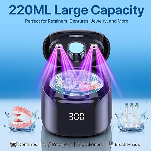 Ultrasonic Retainer Cleaner Machine, 49KHz 220ML Dental Cleaning Pod with Digital Timer, Deep Cleaning Ultrasonic Dentures Cleaner for Night Guards, Braces, Aligner, Toothbrush, Jewelry and More