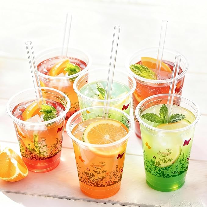 Vesici 100 Pcs Floral Plastic Cups 12 oz Floral Botanical Clear Spring Disposable Cups with Lid and Straws for Spring Summer Birthday Wedding Bridal Baby Shower Party Supplies(Wildflower)