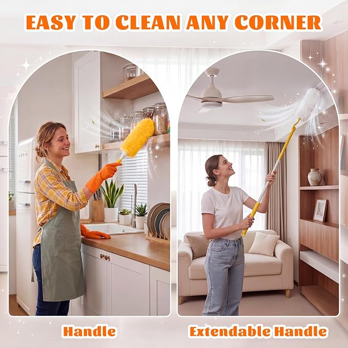 200 Pcs Disposable Dusters Refills Bulk Heavy Duty 360° Dusters Refill with 3ft Extended Handle and Short Handle, Multi Surface Replacement Duster Kit for Cleaning Ceiling Fan (Orange,White)