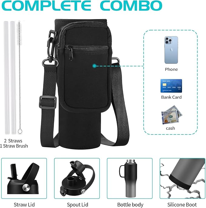 Insulated Water Bottle 32 OZ - with Straw & Pop-up Spout Lid, Keep Cold-48H Hot-12H, Stainless-Steel with handle for Women Men, Metal Flask Water Bottle Fits in Cup Holder