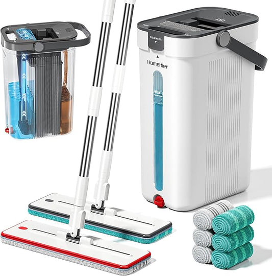 HoMettler Dual Mop and Bucket Set, Flat Mop and Bucket System with Separate Dirty and Clean Water, 3-Compartment Wall Cleaner Mop, Flat Mops for Floor Cleaning with 6 Microfiber Pads