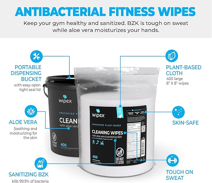Wipex Fitness Sanitizing Wipes, 400ct Refill Rolls for Dispensers, Safe Sanitizing BZK and Aloe Vera, Unscented, Fits all Commercial Dispensers, (Refills Only - Antibacterial, 400 Count (Pack of 2)