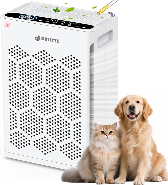 DAYETTE Air Purifiers for Home Large Room Up to 1800 Ft² with HEPA 14 Filter, Pet Air Purifier with Washable Prefilter for Bedroom with Fragrance, Air Cleaner for Smoke Dust Pets Hair Odor, White