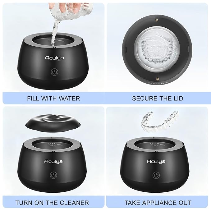 Ultrasonic Retainer Cleaner Machine 48 kHz Denture Cleaner 200ml Dental Cleaner Pod for Aligner Retainer, Jewelry, Night Guard, Brace, Black