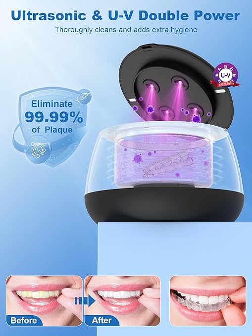 KUNPHY Ultrasonic Retainer Cleaner Machine, 48kHz Dental Cleaning Pod for Braces, Night Guard, Mouthguard, Toothbrush, Denture, Jewelry Black