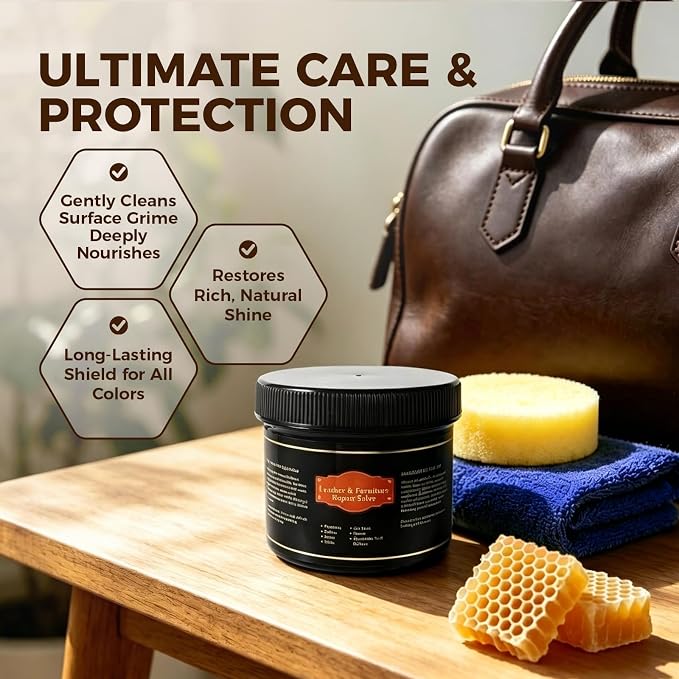 Leather Conditioner and Cleaner Balm for Furniture, Couch, Car Seats, Boots and Bags - Professional Leather Restorer with Natural Beeswax - Deeply Nourishes, Protects and Restores Shine (8oz)