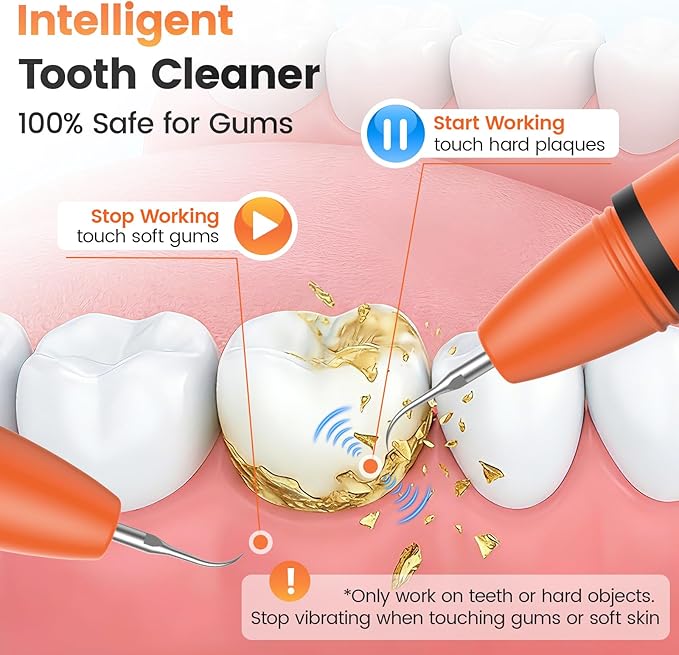 Ultrasonic Plaque Remover for Teeth, Tartar Remover with 5 Adjustable Modes, LED Light & 4 Replacement Tips Tooth Cleaner Dental Care Kits - Rechargeable, IPX6 Waterproof for Home Use (Orange)