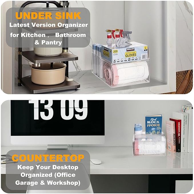 SEANADO Trash Bag Dispenser Roll Holder, Wall Mount Acrylic Kitchen Organizer Storage Box Holder for Garbage Bag Grocery Bag Plastic Bag Roll Container (Standard/2 in 1)