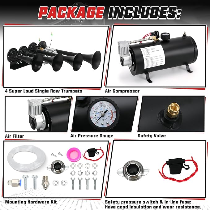 PTNHZ 150DB Train Horns Kit 12V 150PSI Air Compressor Tank Pump w/3 Liter 0.8 Gallon Tank + Super Loud Black 4 Single Row Trumpet For Train Truck Boat Pickup Motorhome