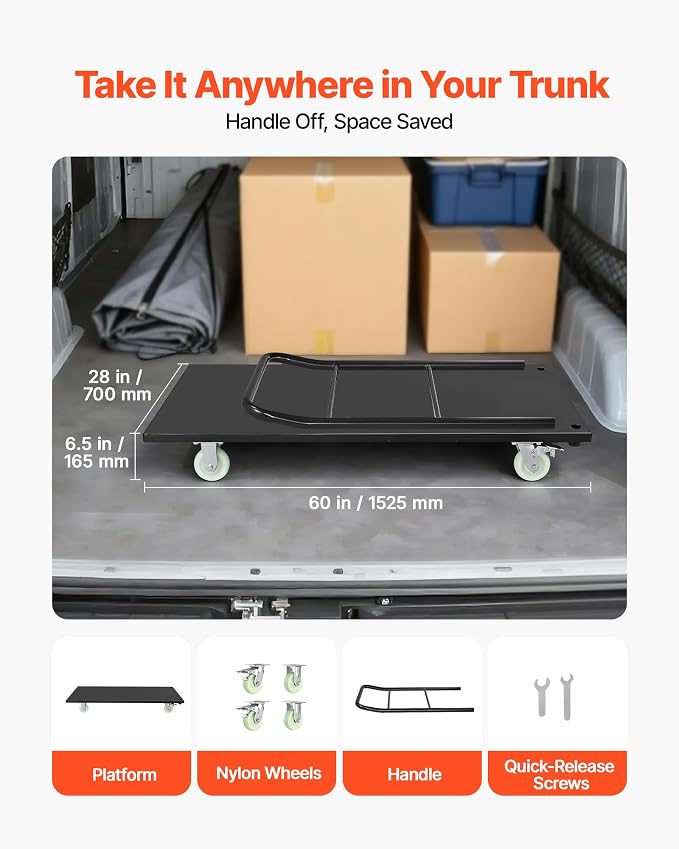 VEVOR 2000 LBS Heavy Duty Platform Truck, Upgraded Version with Larger Deck (60" x 28"), Industrial Steel Flatbed Cart with Swivel Wheels, Push Cart Dolly for Warehouse/Garage/Moving/Garden