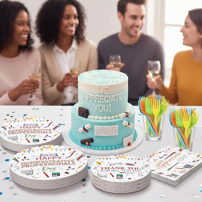 Remerry 96 Pcs Happy Administration Professionals Day Party Supplies We Appreciate You Colorful Tableware Disposable Thank You Employee Staff Paper Plates Napkins Forks for Party Decoration