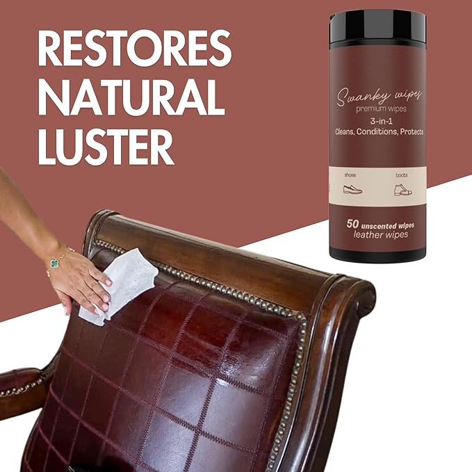 Swanky Leather Wipes - Leather Cleaner and Conditioner for Purses, Shoes, Furniture Polish & Car Seats, Prevents Fading & Cracking, Restores Softness & Shine - Canister, 100 Count