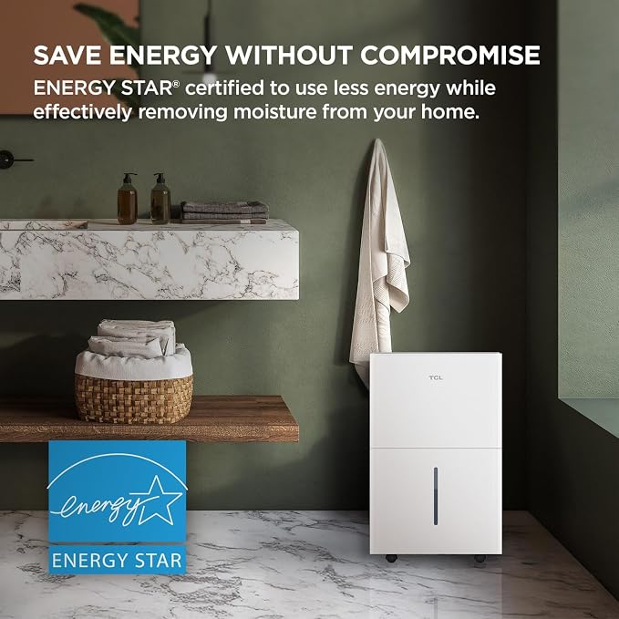 TCL 50-Pint Capacity Quiet, Energy Efficient Portable Dehumidifier, Precise Humidity Control, Bucket or Continuous Drain, Compact Humidity Absorber for Home, Attic, Garage & Rooms up to 4500 Sq Ft