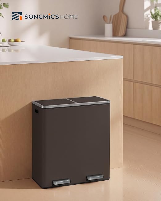 SONGMICS HOME Trash Can with 2 Compartments for Kitchen, Garbage Can with 15 Trash Bags, Brown
