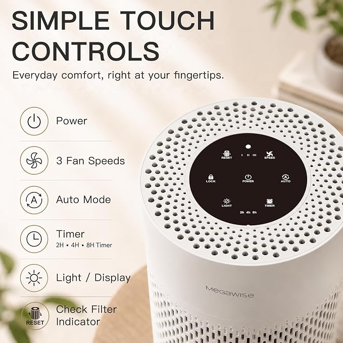 MEGAWISE Air Purifier EPI235A for Small Rooms | H13 True HEPA Filter | Removes Dust, Smoke, Pet Hair | Ideal for Home, Office, Bedroom