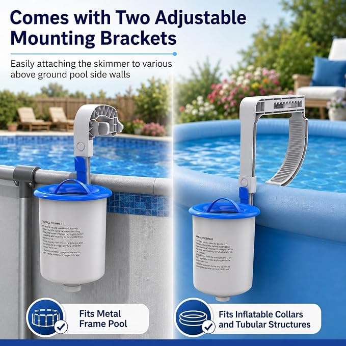 Sepetrel Above Ground Pool Skimmer, 3.5 Liter Floating Pool Surface Skimmer with Removable Debris Basket, Wall Mount Automatic Cleaner Accessories for Tubular, Metal Frame and Inflatable Collar Pools