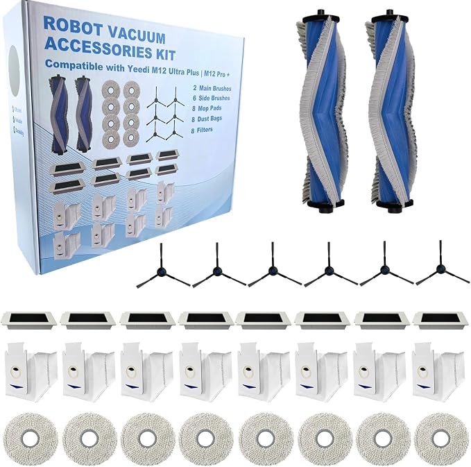 Replacement Accessories Parts Kit Compatible with Yeedi M12 Ultra Plus M12 Pro Plus + Includes 8 Dust Bags, 8 Mop Pads, 8 Filters, 6 Side Brushes, 2 Main Brushes
