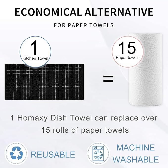 Homaxy Kitchen Towels and Dishcloths Set, 12 x 12 and 13 x 28 Inches, Set of 10 Bulk Cotton Terry Kitchen Towels Set, Checkered Designed, Soft and Super Absorbent Dish Towels, Black