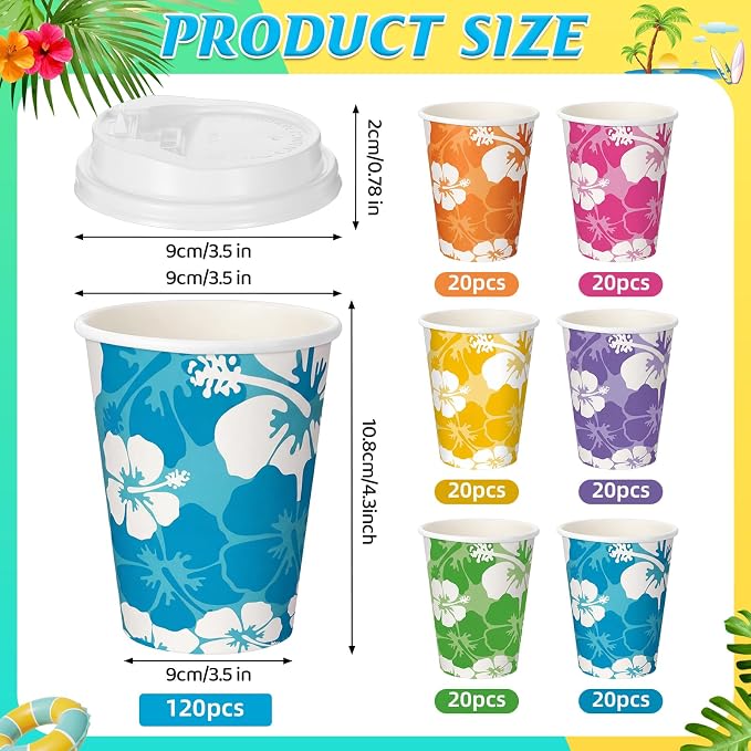 FoldTier 120 Pcs 12 oz Hawaii Hibiscus Paper Cups with Lids Summer Luau Disposable Drinking Cups Tropical Hawaiian Aloha Drinkware Beach Party Drinking Supplies for Cold Beverage Drinks(Summer)