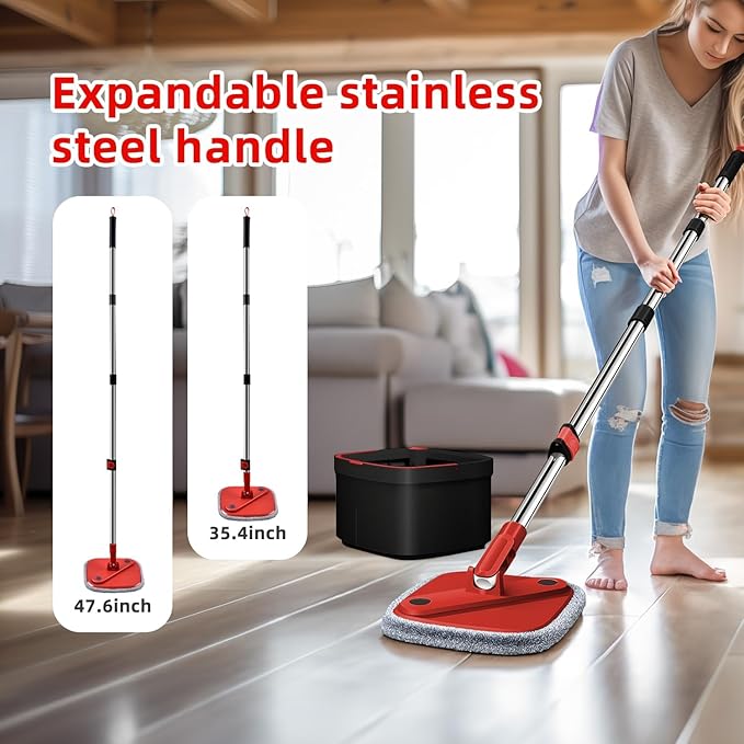 Spin Mop and Bucket Set with Separation Dirty and Clean Water System, Self Wringing 360° Rotating Clean Mop-Head and Bucket Set for Hardwood Tile Marble Floor with 6pc Replaceable Mop Pads