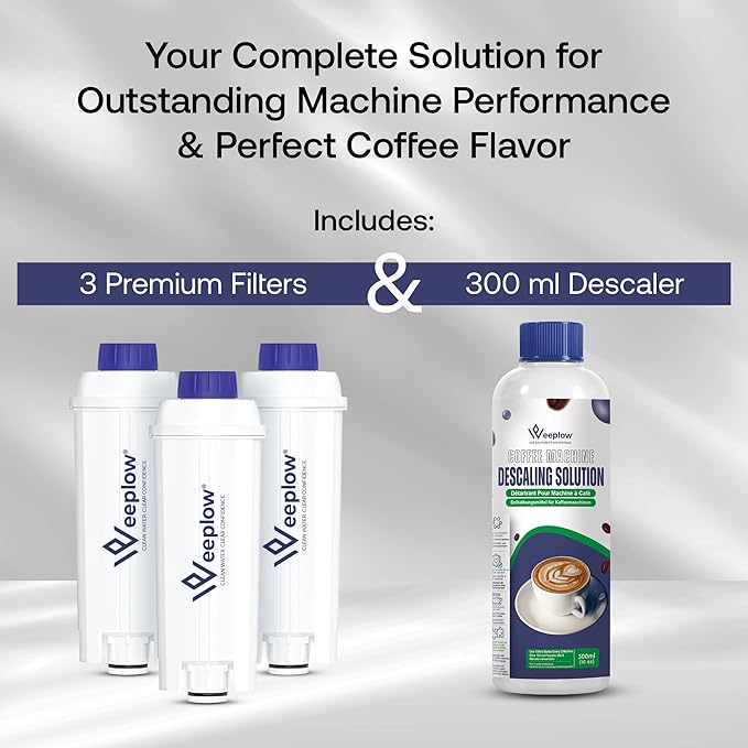 Weeplow Coffee Machine Maintenance Kit (4-Piece) – 3 DLSC002 Compatible Water Filters & 300ml Descaler Solution – For De'Longhi Magnifica, Dinamica, Autentica & ECAM Series