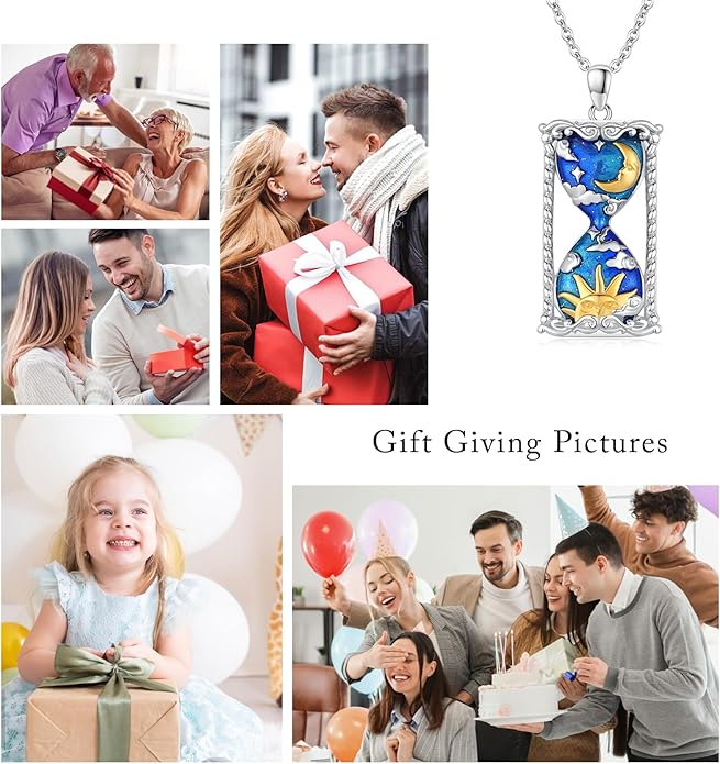 Hourglass Necklace 925 Sterling Silver Sun Moon Star Time Hourglass Pendant Necklaces Blue Memorial Jewelry for Women With 18+2 In Chain