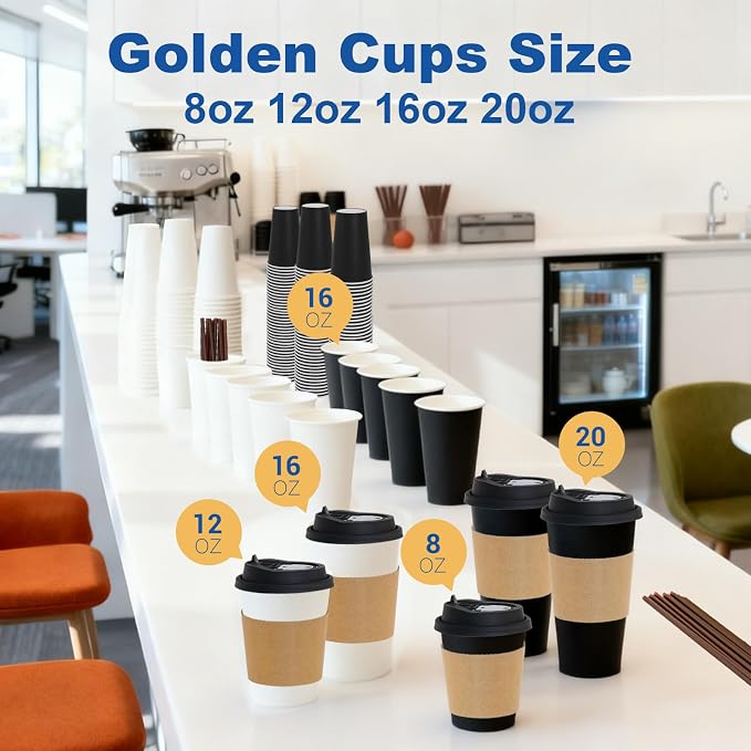 16 oz 500 Pack Coffee Cups with Lids and Sleeves, Straws, Hot Disposable To Go Travel Paper Cups Bulk for Office, Home Coffee Bar Accessories, Chocolate, Cocoa, Beverage (White)