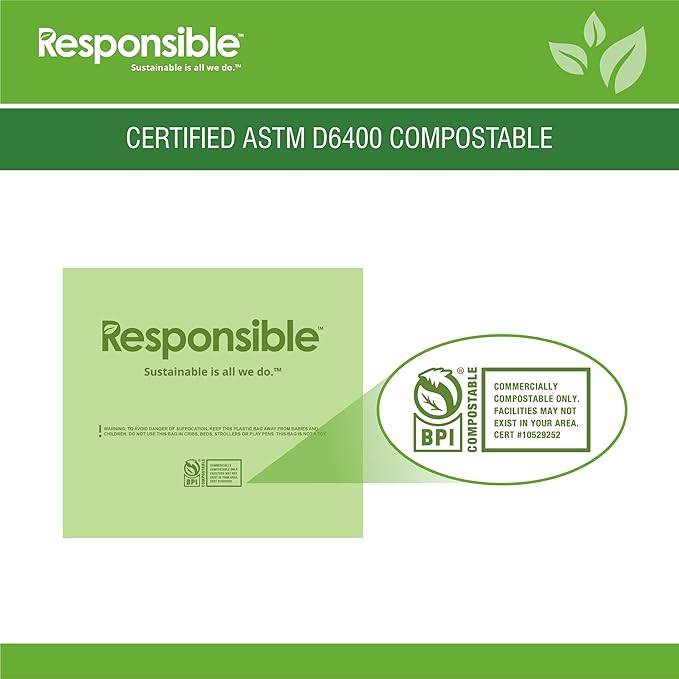 Responsible Products Kitchen Bin Liners, Certified Compostable, Heavy Duty Multipurpose Food Scrap Bags, Made from Compostable Materials (4 Gallon, 1 Count (Pack of 25))