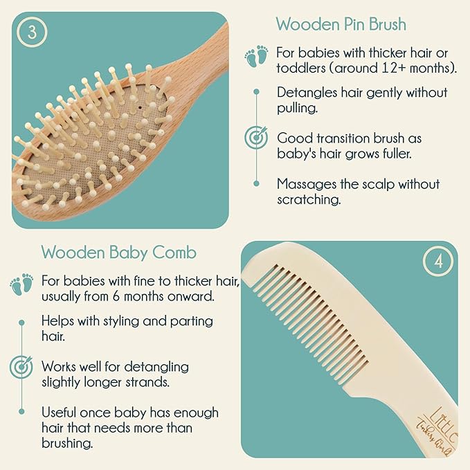 Baby Hair Brush and Comb Set for Newborn Wooden 4 Piece Soft Goat Hair Bristles, and Comb Set for Newborn Girl Boy and Toddler Soft Cradle Cap New Born Infant Hair Brushes Perfect Baby Registry Gift