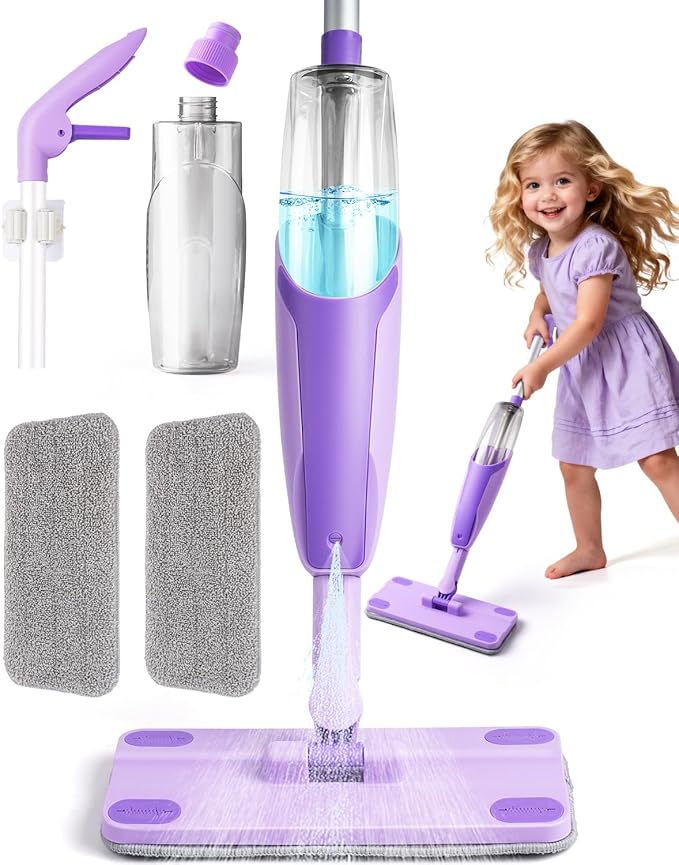 Purple Mini Spray Mop for Toddler-Montessori Cleaning Toy that Real Spray Water,Pretend Playhouse Essentials for Girls Ages 3-8,Toddler Educational Housekeeping Set