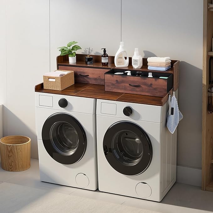 VEVOR 2 Drawers Washer Dryer Countertop with Shelf, 54" x 27" Wooden Laundry Countertop with 2 Hooks & Splicing Panels, Washer and Dryer Topper, Laundry Room Organization and Storage, Brown