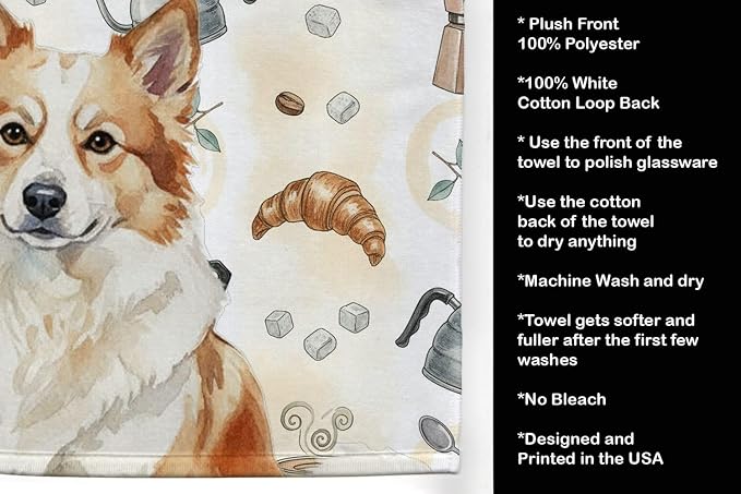 Caroline's Treasures Tan Icelandic Sheepdog Coffee Bar Kitchen Towel Velour Plush Front and Cotton Loop Back Machine Washable