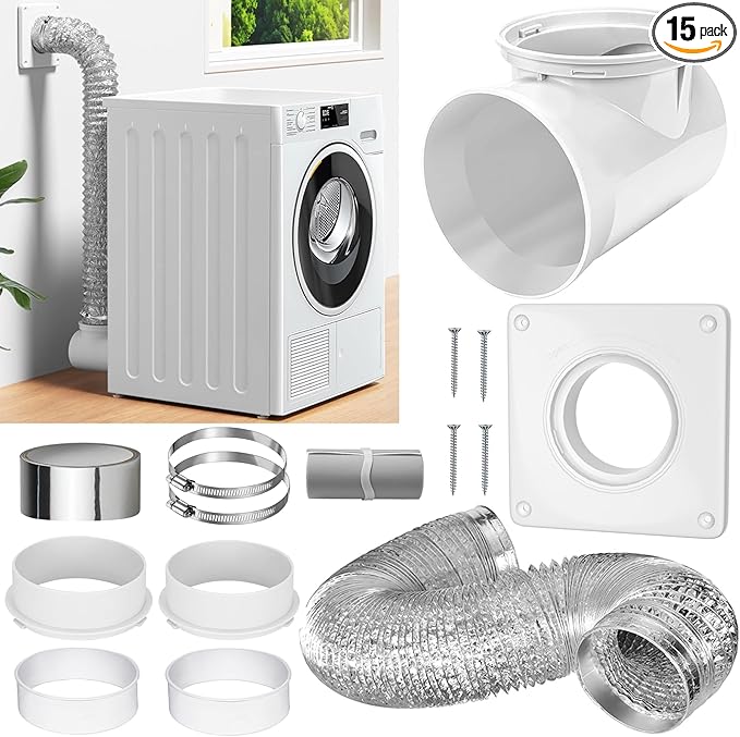 Dryer Vent Connector Kit, 90 Degree Dryer Vent Elbow 4" Dryer Vent Hose with Wall Plate Screws Clamp Sealing Tape Set Indoor Vents Duct Pipe Tube Connection Connection Adapter for Tight Space