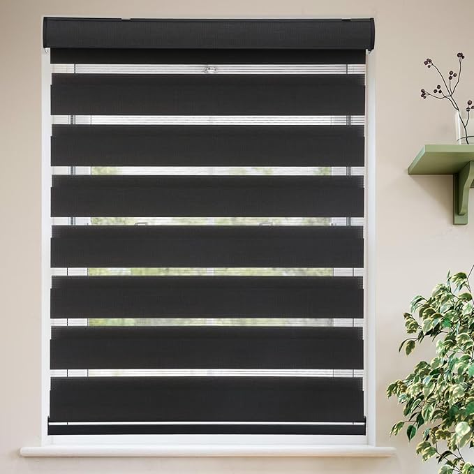MYshade Roller Shades Zebra Blinds for Windows Cordless Day and Night Light Filtering Shades Dual Layer Roller Blinds 40" x 64" Black