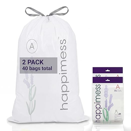 happimess 8 Gallon (30L) Drawstring Trash Bags, Lavender Scent, White, Heavy Duty MDPE Liners for Kitchen and Household, Odor Control, Custom Fit 40 Count (2 Packs of 20 Liners) HPM3101A-W-2SET
