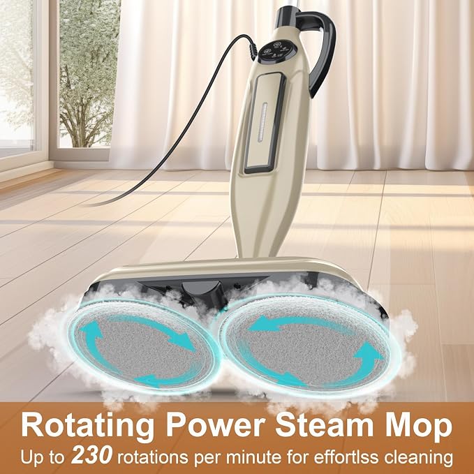 DEVOAC VM6 Scrubbing Steam Mop with Rotating Mop Pads, 10 in 1 Steam Mop, Lightweight Spin Mop & 3 Steam Modes for Hard Floor Laminate Marble Floors (Champagne)