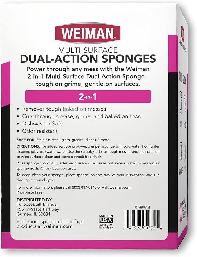 Weiman Multi-Surface Dual Action Sponges, Non-Scratch Scrub & Shine for Dishes, Cooktops, Stainless Steel, Glass, Granite, & More - Durable Kitchen Cleaning Sponges, 8 Sponges