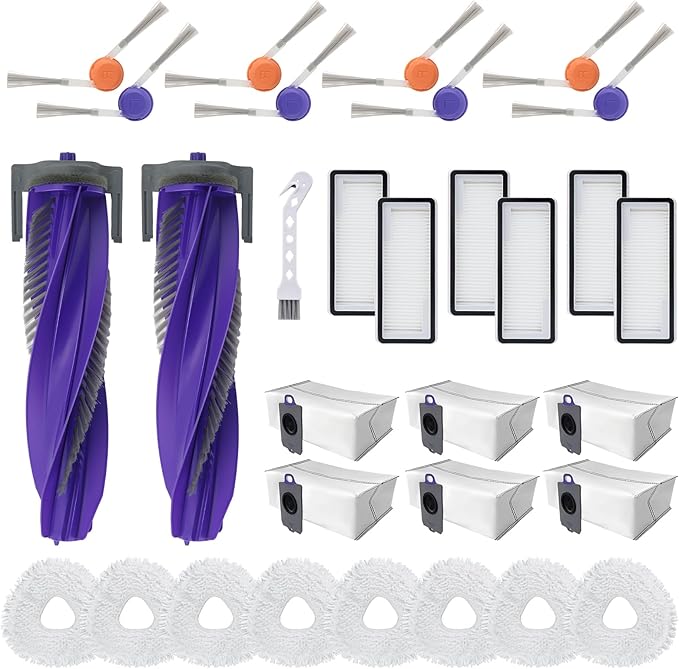 31 Pcs Accessories Kit for Narwal Freo Z10 Ultra/Z10 Robot Vacuum Cleaner Replacement Parts, 2 Main Brush, 6 Hepa Filter, 6 Dust Bags, 8 Mop Pads, 8 Side Brushes,1 Cleaning Brush