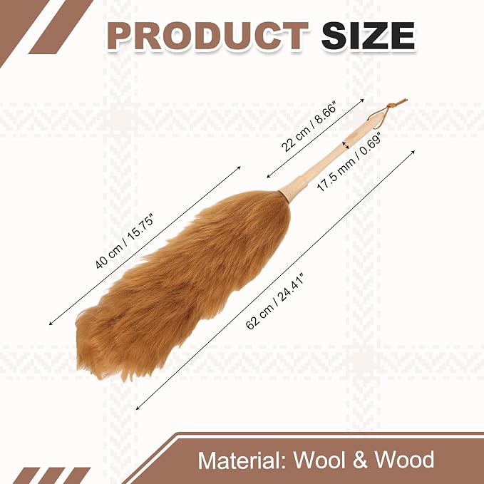 uxcell Wool Duster, 24.4" Natural Feather Cleaner Household Cleaning Duster with Solid Wooden Handle for Cleaning Fans Window Blinds Shelves Furniture, Light Brown