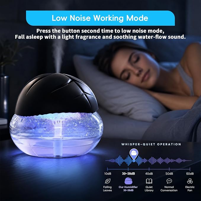 Water Based Air Purifier with Essential Oil Diffuser Pack, Air Washer with 7 Color LED Night Light, Air Revitalizer Includes 6x10ml Essential Oil Aroma Diffuser for Home, Office, Pet