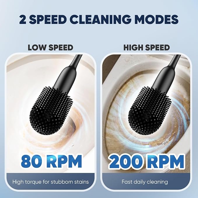 EKZ Electric Toilet Brush with UV Stain Detection, High-Torque Deep Cleaning, Dual-Speed 80/200 RPM, Silicone Brush Head, Wall-Mounted Holder, Type-C Rechargeable, Black