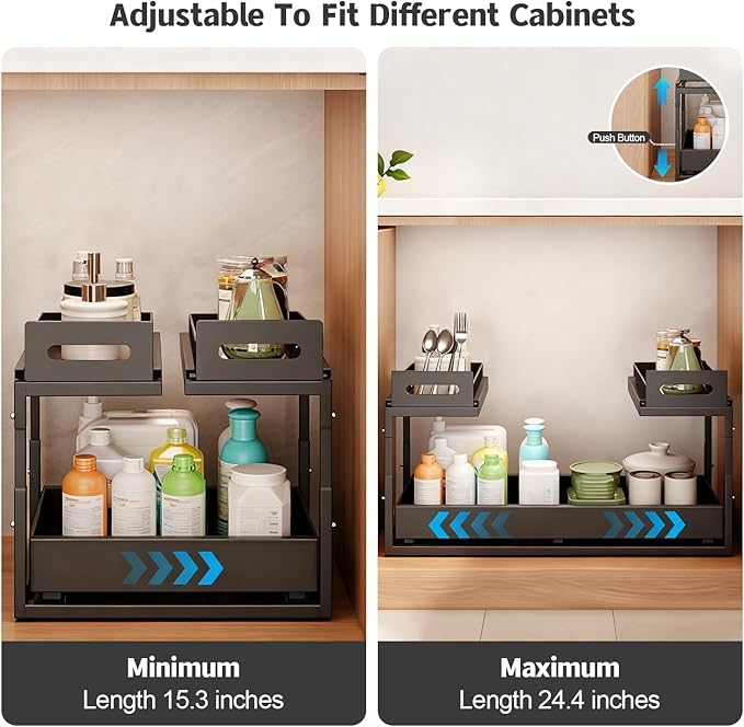 Expandable under cabinet organizer, 2-Tier under sink organizer with Reinforced Ball-Bearing slide rail, Slide-Out sink Shelf Height Adjustable, Durable and rust-proof for Kitchen & Bathroom