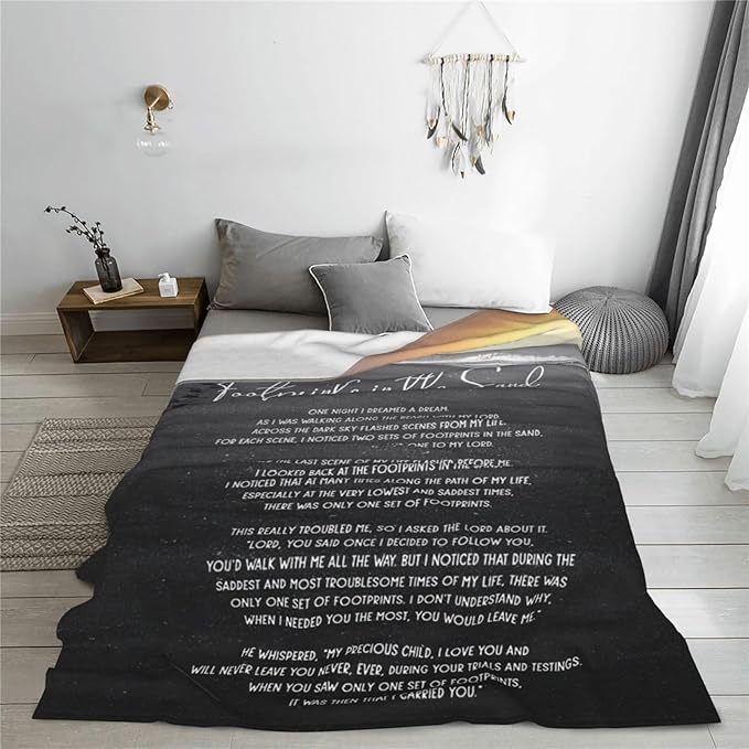 Footprints in The Sand Blanket Christian Gifts Bible Verse Scripture Throw Blanket Comfy Plush Flannel Fleece Warm Soft Fluffy Fuzzy Blanket for Prayer Adults Women Men for Bed Sofa Couch 60"X80"