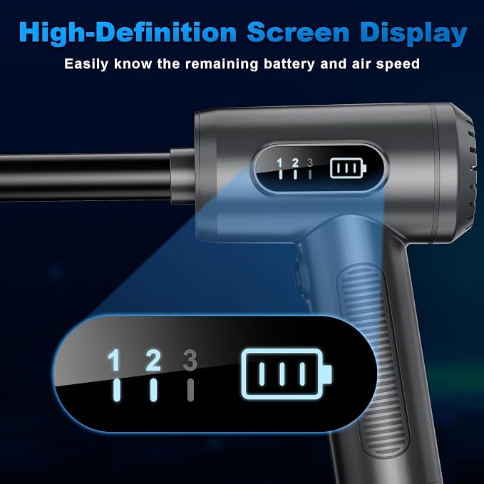 FRESMOL Compressed Air Duster 100000RPM Cordless Grey | 3 Speeds, Smart LED Display, LED Light, 7500mAh Rechargeable, 5 Nozzles & 3 Brushes, for Keyboard, Car, Home, Outdoor