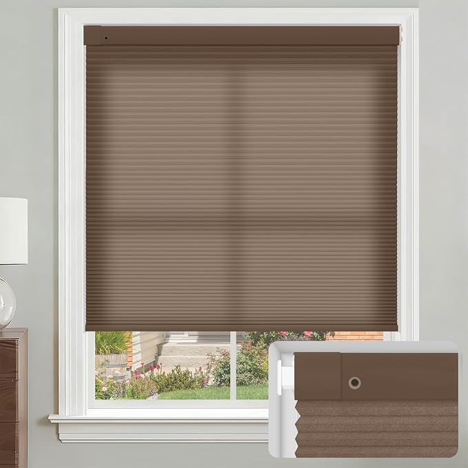 No Drill Cellular Shades, Brown Custom Size Cordless Light Filtering Pull Down Pleated Honeycomb Blind Thermal Insulated Easy Install for Indoor Window Bedroom Living Room Kitchen Door
