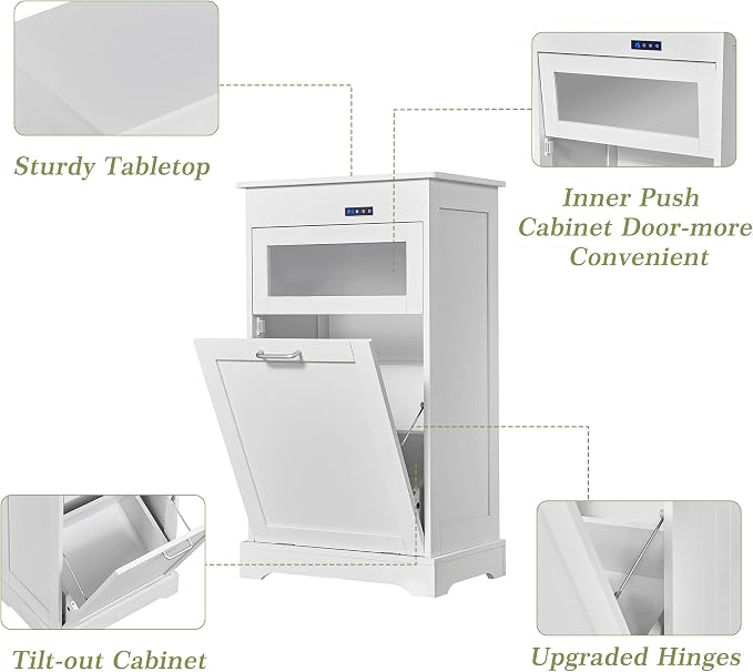 VECELO Tilt Out Trash Can Cabinet, Dog Proof Recycling Garbage Bin with Negative Ion and Deodorizing Function, Spacious Wood Top, Dual-Opening Designs, for Kitchen/Bedroom/Laundry, White
