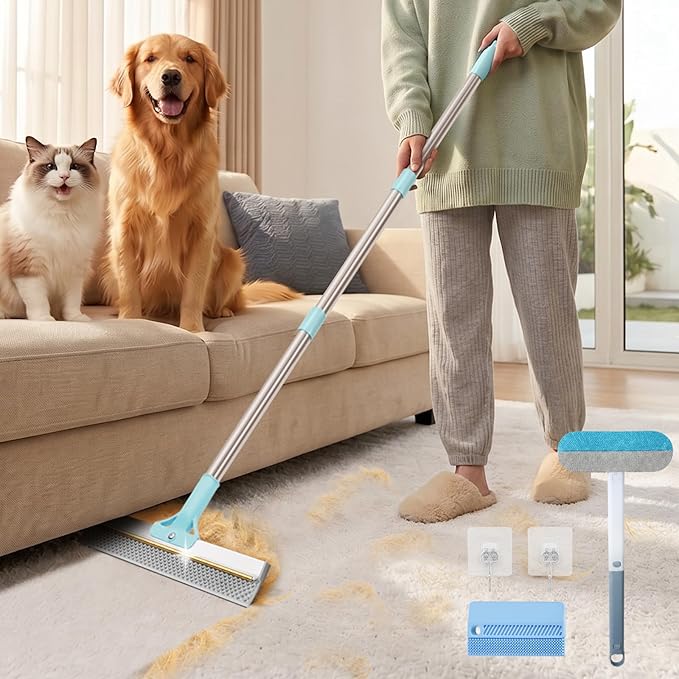 Carpet Rake for Pet Hair Removal: Adjustable 54" Handle No Bending | 3 in 1 Pet Hair Removal Tool Upgraded Silicone Metal Deep Clean Dog Cat Fur Remover Broom Reusable for All Rugs Couch Stairs