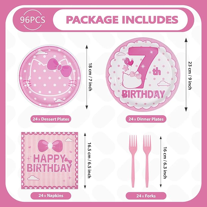 96Pcs Pink Kitten 7th Birthday Party Decorations Pink Cat Dot Plates and Napkins Tableware Set Cartoon Cat Theme 7th Birthday Decorations for Seven Years Old Girls Party Supplies Serves 24