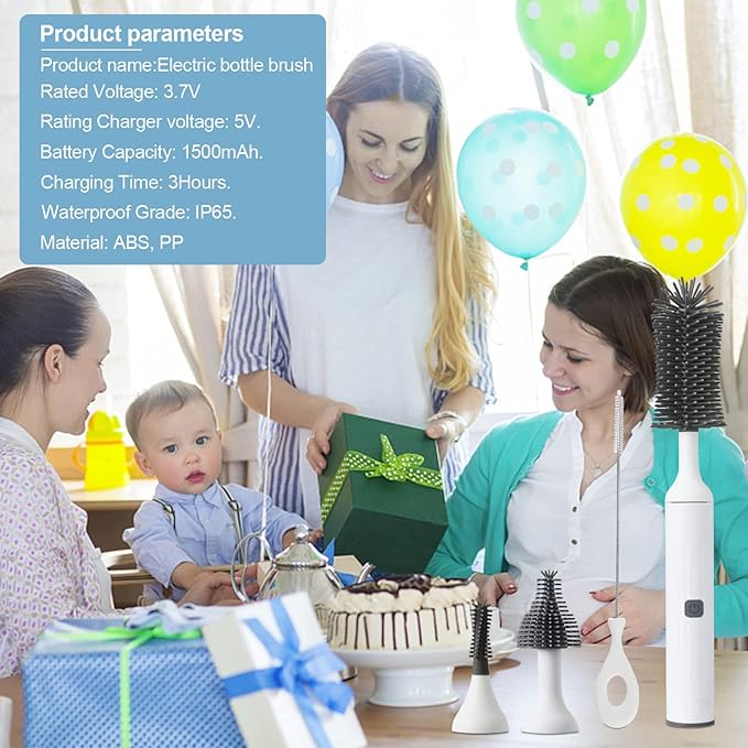 Electric Bottle Brush Cleaner Kit with Rechargeable Baby Bottle Brush Cleaner, Pacifiers Cleaner,Gap Cleaner, Long Straw Brush, Waterproof,Baby Newborn Essentials,Gift for Mothers,White